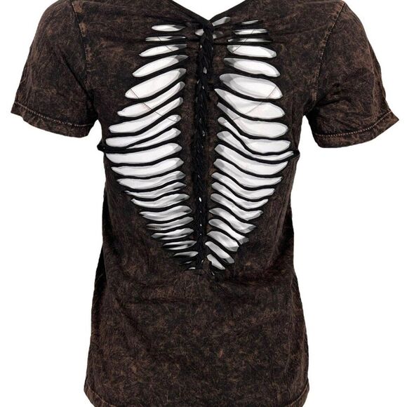 Affliction Women's SANCTUARY Scoop Short Sleeve Rust Biker Tattoo T-Shirt NWT XL - Picture 2 of 4